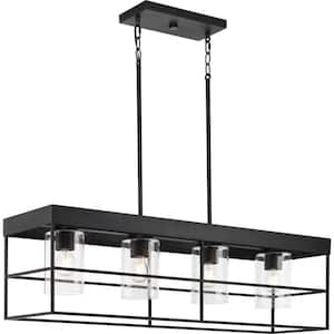 Burgess Collection 42 in. 4-Light Matte Black Modern Farmhouse Island Light Chandelier with Clear Seeded Glass