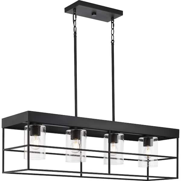 Progress Lighting Burgess Collection 42 in. 4-Light Matte Black Modern Farmhouse Island Light Chandelier with Clear Seeded Glass