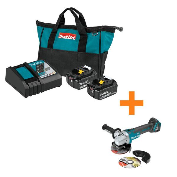 Makita 18V LXT Battery and Rapid Optimum Charger Starter Pack (5.0Ah) with bonus 18V LXT Brushless Cut-Off/Angle Grinder