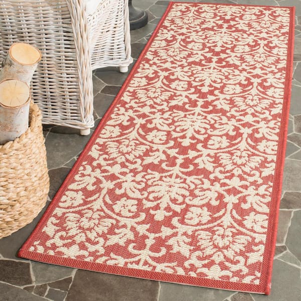 Courtyard Red/Natural 2 ft. x 10 ft. Floral Indoor/Outdoor Patio  Runner Rug