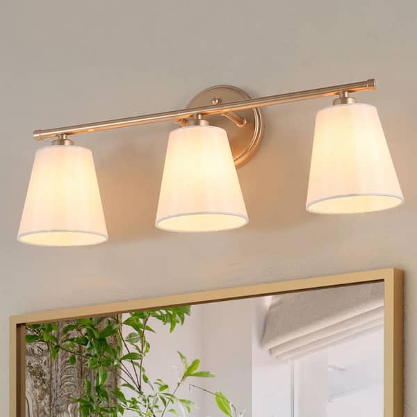 Traditional Farmhouse Gold Cone Fabric Wall Sconce, 20.1 in. 3-Light Bathroom Powder Room Vanity Light
