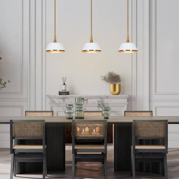 Modern 9 in. 1-Light Brass Gold and White Pendant Light with Bell Shade White Pendant for Kitchen Island and Dining Room