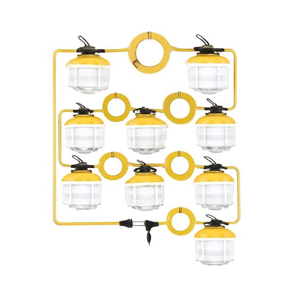 120V Construction String Lights 100 ft. with Cages, 10 Bulbs, IP65 Waterproof, Linkable LED Lights for Job Sites, Attic