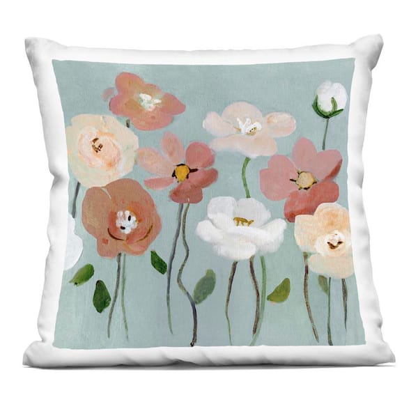 Stupell Industries Boho Blooms on Blue Pink Abstract Polyester 18 in. x 18 in. Throw Pillow