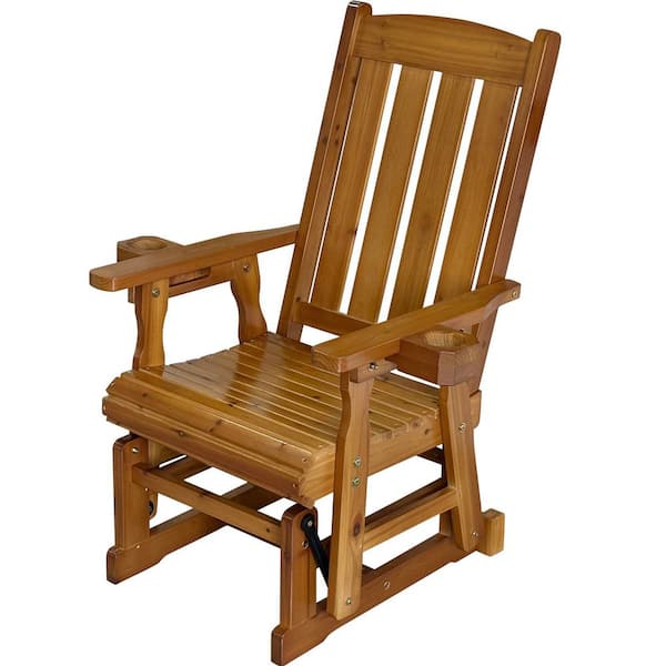 1-Person Wood Outdoor Porch Glider Chair with High Back and Curved Seat, 600 lb Capacity, All-Weather, Teak Tone
