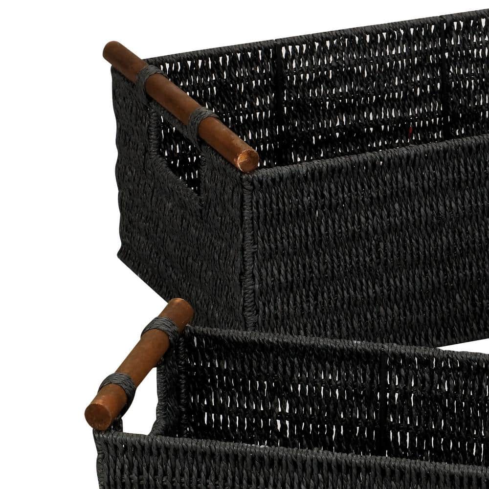 Black Handwoven Paper Rope Storage Baskets with Wood Handles, Set of 3