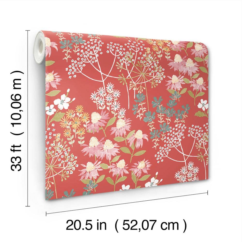 Red Multicolor Floral Non-Woven Removable Wallpaper