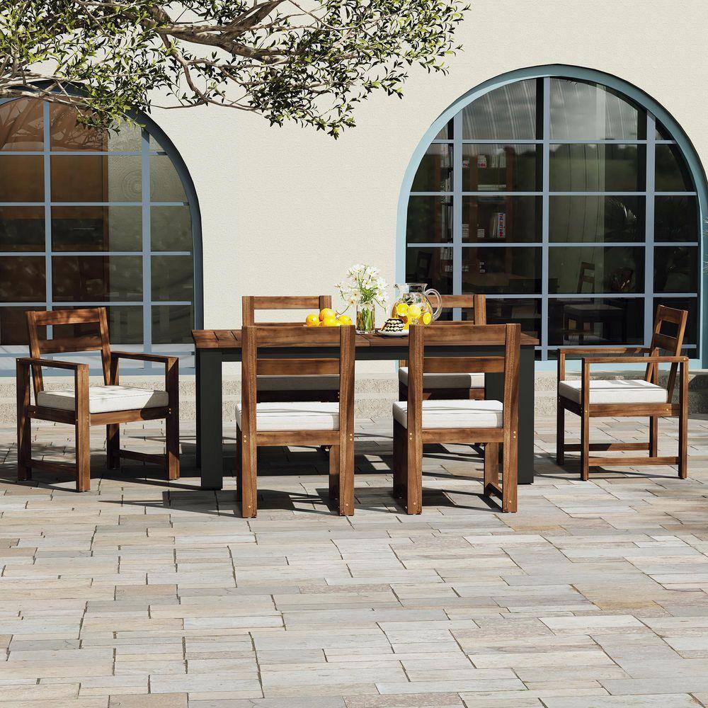 7-Piece Acacia Wood Outdoor Conversation Patio Furniture Set with Beige Cushions