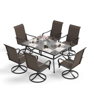 7-Piece Metal Patio Outdoor Dining Set with Brown Rattan High Back Swivel Chairs
