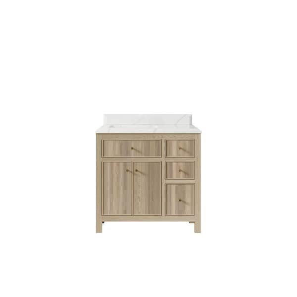 Willow Collections Sonoma Oak 36 in. W x 22 in. D x 36 in. H Left Offset Sink Bath Vanity in White Oak with 1.5 in. Calacatta Quartz Top