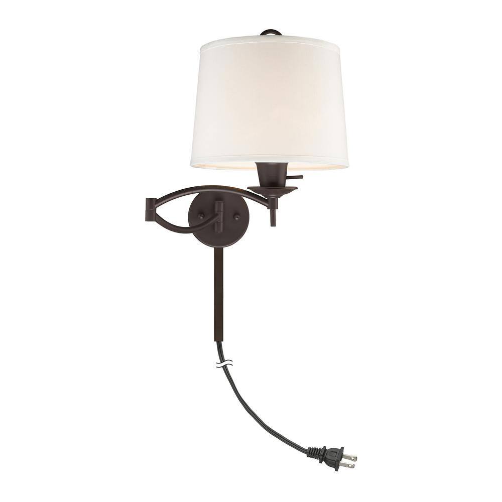Transitional Bronze Swing Arm Wall Lamp with Off-White Linen Shade