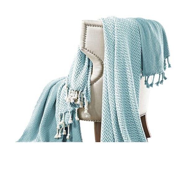 The Urban Port Montgeron Herringbone Aqua Blue and White Cotton Throw (Set of 2)