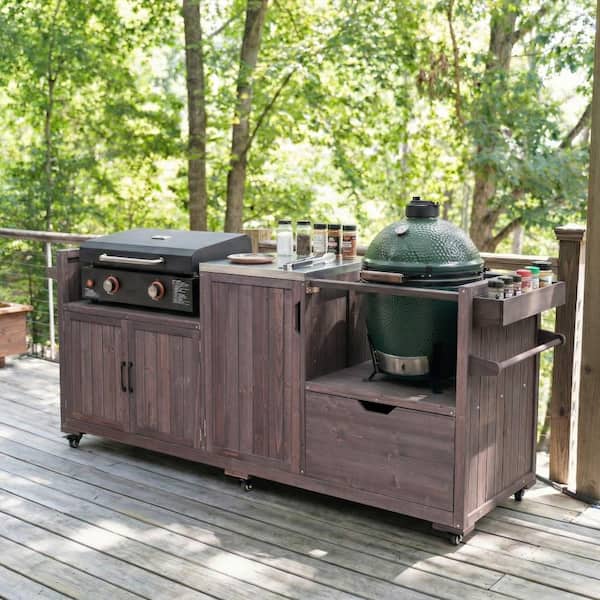 SUNRINX 80.5 in. Outdoor Kitchen Island, Brown Grill Cart for Big