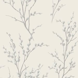 Pussy Willow Off White and Steel Unpasted Removable Strippable Wallpaper