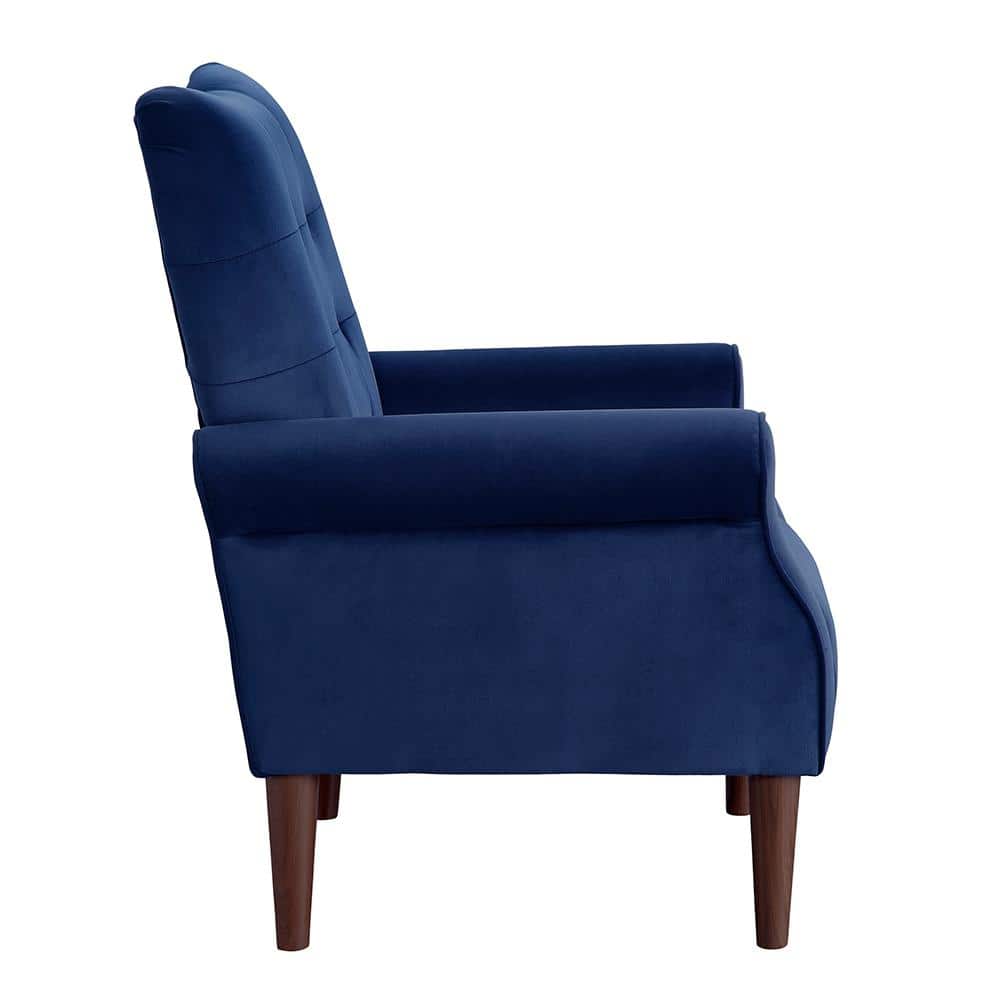 Luxurious Navy Blue Velvet Wood Accent Armchair