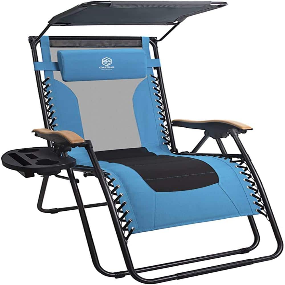 Zero Gravity Outdoor Black and Blue Reclining Lounge Chair with Sun Shade, 