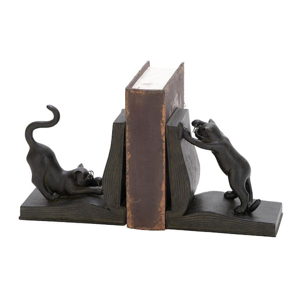 Black Polystone Reading Cat Bookends (Set of 2)