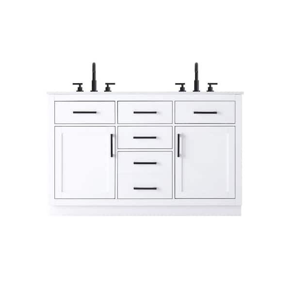 54 in. Double Sink White Bath Vanity with White Engineered Marble Top