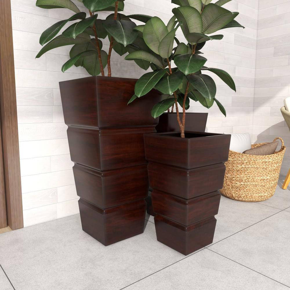 Set of 3 Brown Metal Rectangular Planters with Tapered Base
