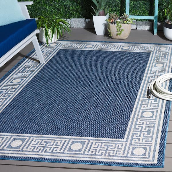 Beach House Blue/Ivory 9 ft. x 12 ft. Meander Border Indoor/Outdoor Area Rug