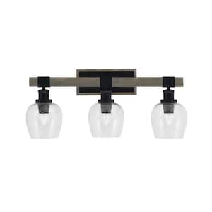 Richmond 11.25 in. 3 Light Vanity Light Matte Black & Painted Wood-look Metal with 6" Clear Bubble no bulbs included