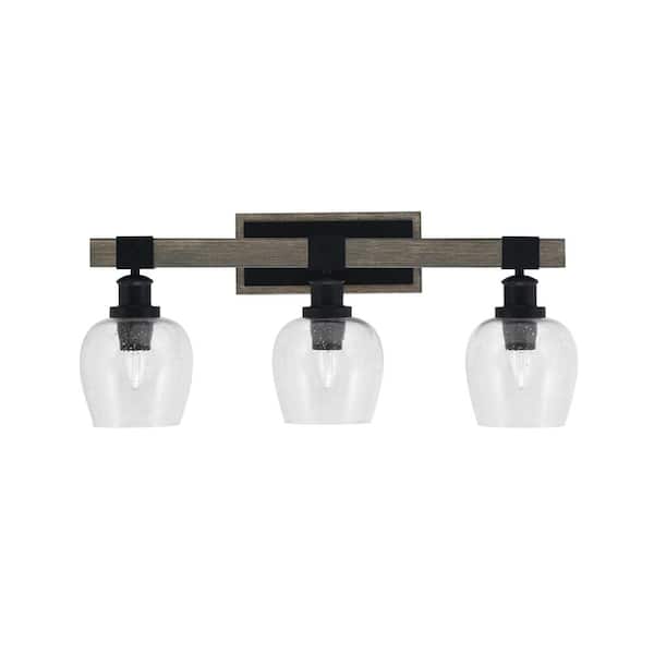 Unbranded Richmond 26.5 in. 3-Light Vanity Light Matte Black and Painted Wood-look Metal with 6 in. Clear Bubble no bulbs included
