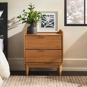 2-Drawer Caramel Solid Wood Mid-Century Modern Tray-Top Nightstand