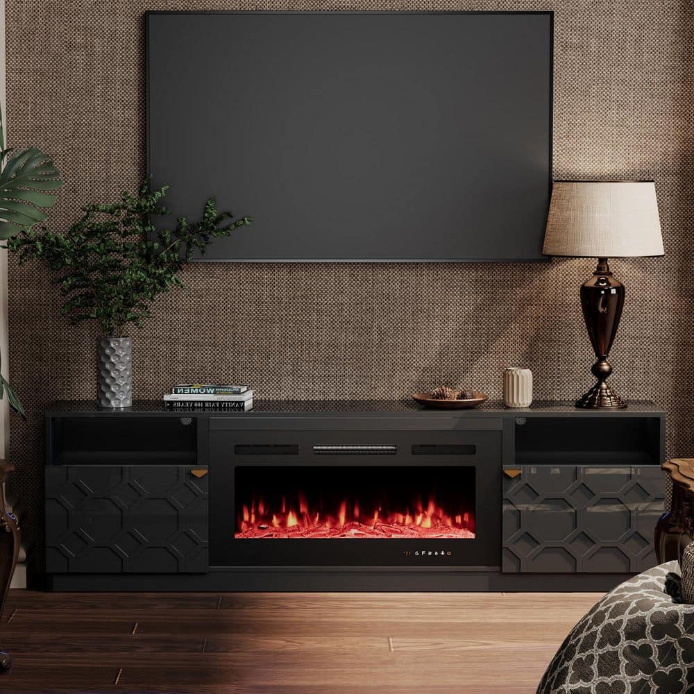 70 in. W Black Freestanding Storage Electric Fireplace TV Stand with Black 