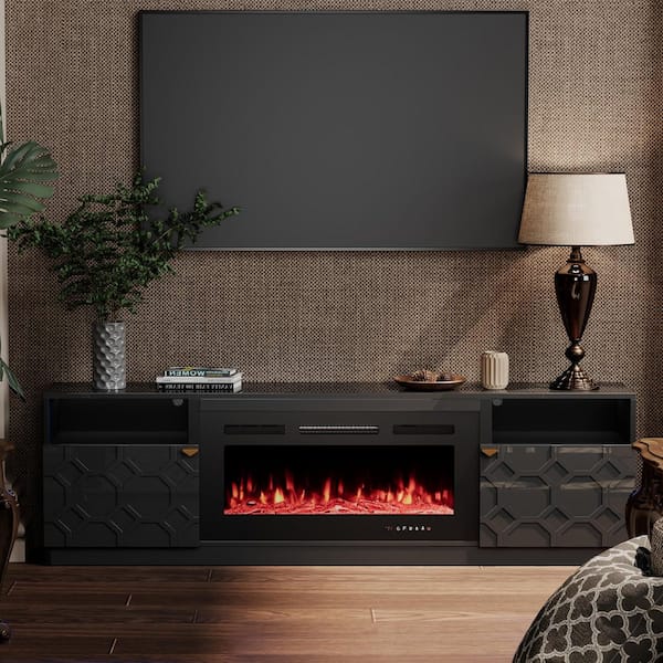 Boyel Living 70 in. W Black Freestanding Storage Electric Fireplace TV Stand with Black 36 in. Fireplace