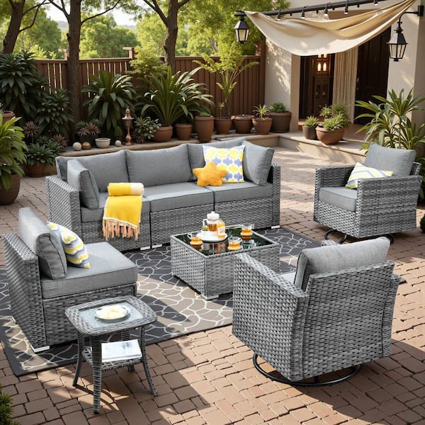 Sanibel Gray 8-Piece Wicker Outdoor Patio Conversation Sofa Set with Swivel Rocking Chairs and Dark Gray Cushions