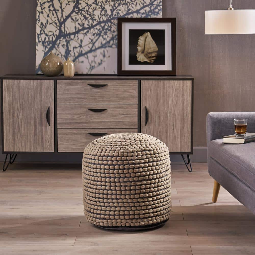 Noble House Conney Grey Fabric Round Outdoor Ottoman Pouf 19395 The