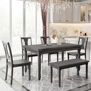 6-Piece Wood Top Gray Dining Set Wooden Table and 4-Chairs with Bench for Kitchen Dining Room