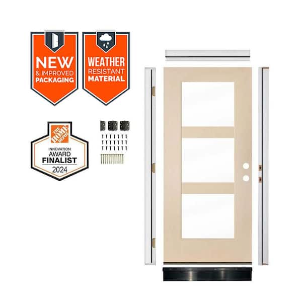 Modern36in.x79in. 3-Lite LH Clear Glass Unfinished Fiberglass AssemblyRequired Front Door Kit w/QuickAssembleJamb