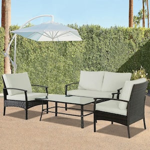 4-Piece Brown Wicker Outdoor Sectional Set with Beige Cushions, 1 Tea Table, 2 Single Sofa, 1 Double sofa