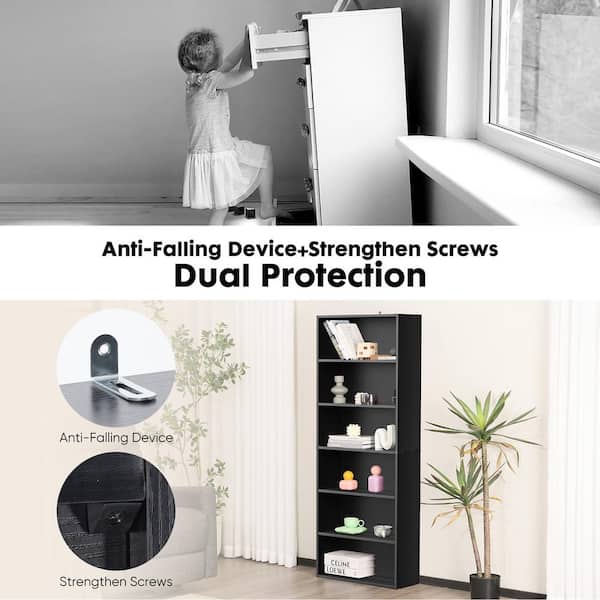 Tileon 6-Shelf Black Freestanding MDF Open Bookcase, Pantry