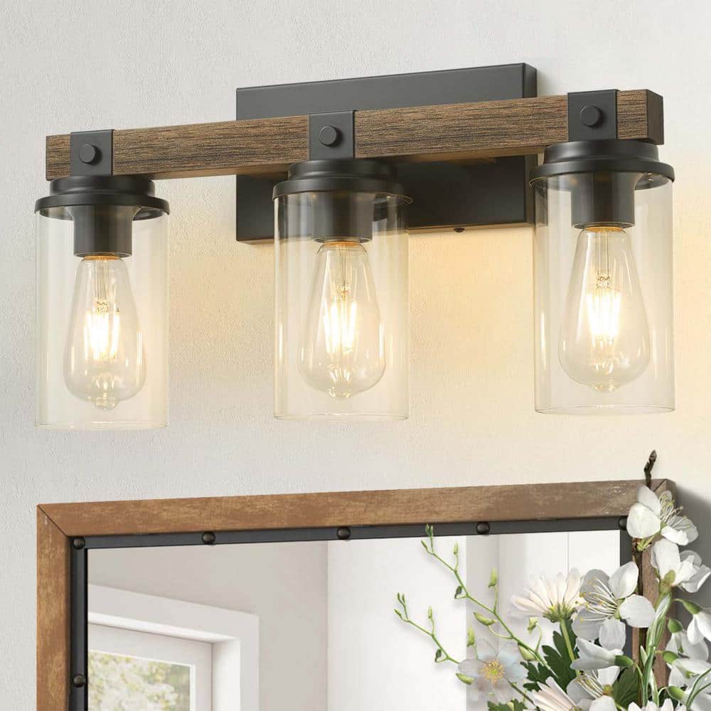 19. 84-in. 3-Lights Black and Brown Wood Farmhouse Vanity Light with Glass 