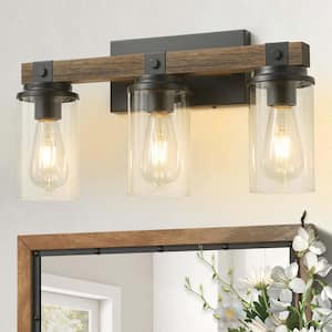 19. 84-in. 3-Lights Black and Brown Wood Farmhouse Vanity Light with Glass Shades