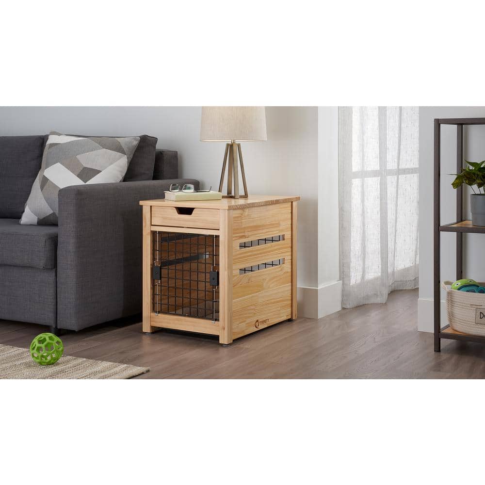 Small Beige and Brown Pine Wood Pet Crate End Table