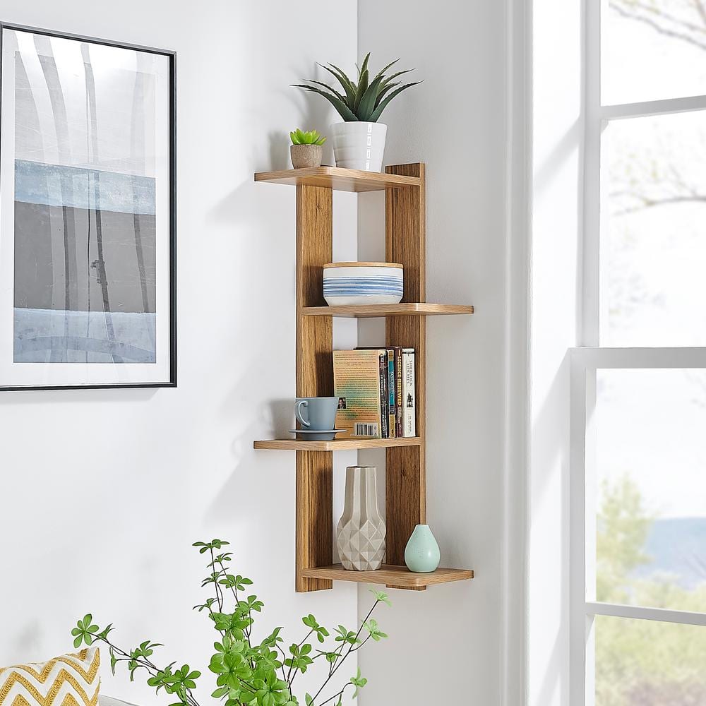 Chestnut 4-Tier Corner Floating Wood Wall Shelf