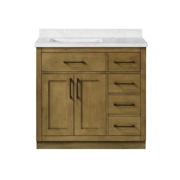 Athea 36 in. Single Sink Almond Latte Bath Vanity with White Engineered Marble Top and Integrated Outlet (Assembled)