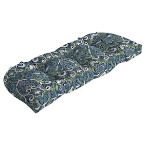 41.5 in. x 18 in. Sapphire Aurora Blue Damask Contoured Tufted Outdoor Bench Cushion