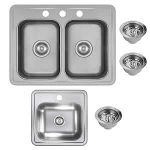 Dayton Drop-In Stainless Steel 25 in. 3-Hole Double Bowl Kitchen Sink with 15 in. Bar Sink and Drains