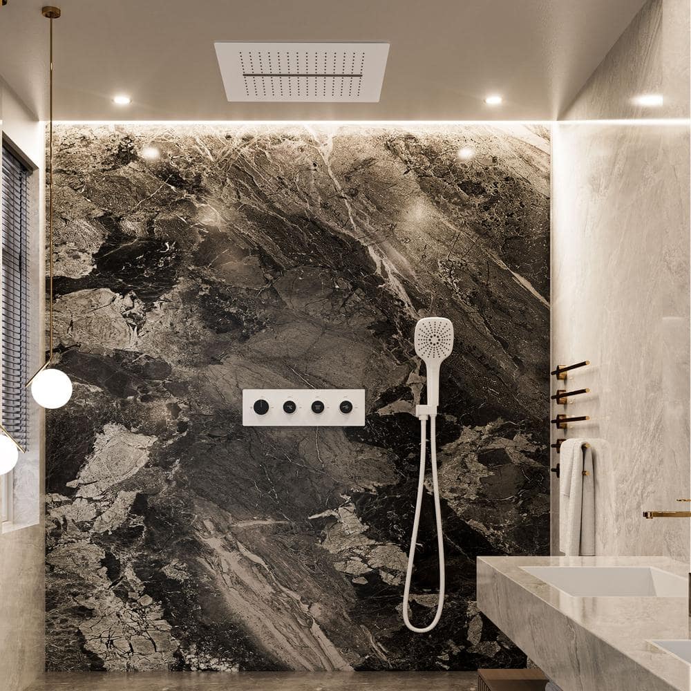 Matte White Dual Head Ceiling Mounted Rainfall Shower System