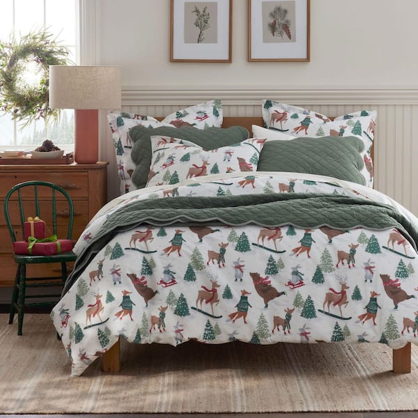 Company Cotton Winter Skiing Animals White Multi Cotton Percale Queen Flat Sheet