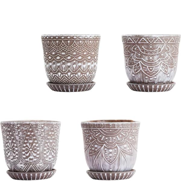 4-Set, 0.7 Qt., Beaded Ceramic Planter with Drainage Hole and Saucer, (4 in. W x 3.7 in. H), Indoor-Outdoor, Clay