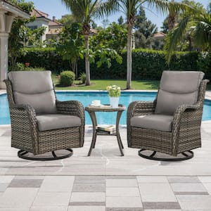 3-Piece Gray Swivel Glider Wicker Outdoor Rocking Chair with Gray Cushions and Side Table