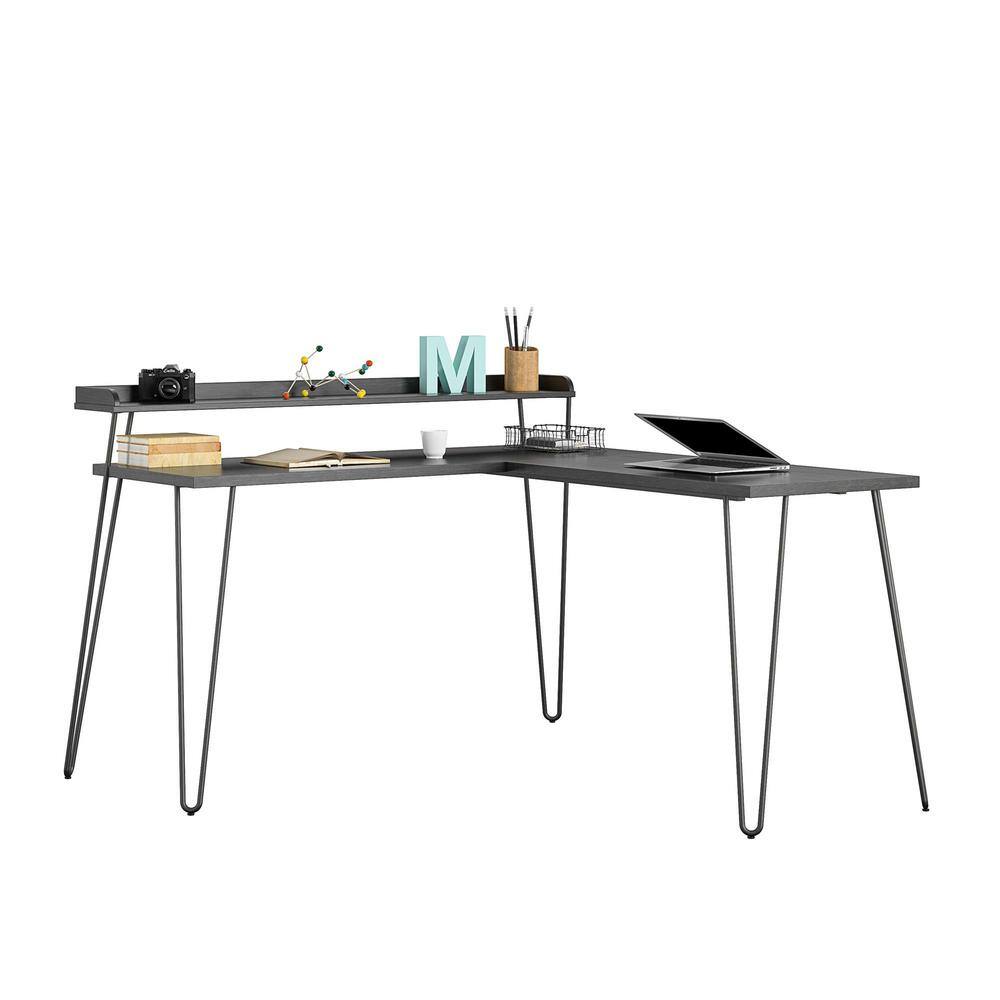 Haven 55'' Black Oak Corner Computer Desk with Metal Frame