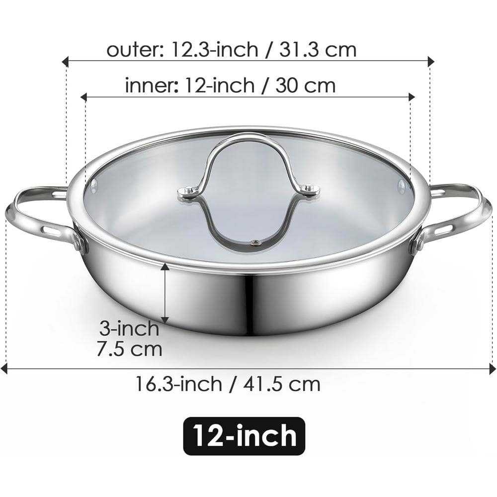 12-Inch Stainless Steel Wok with Glass Lid