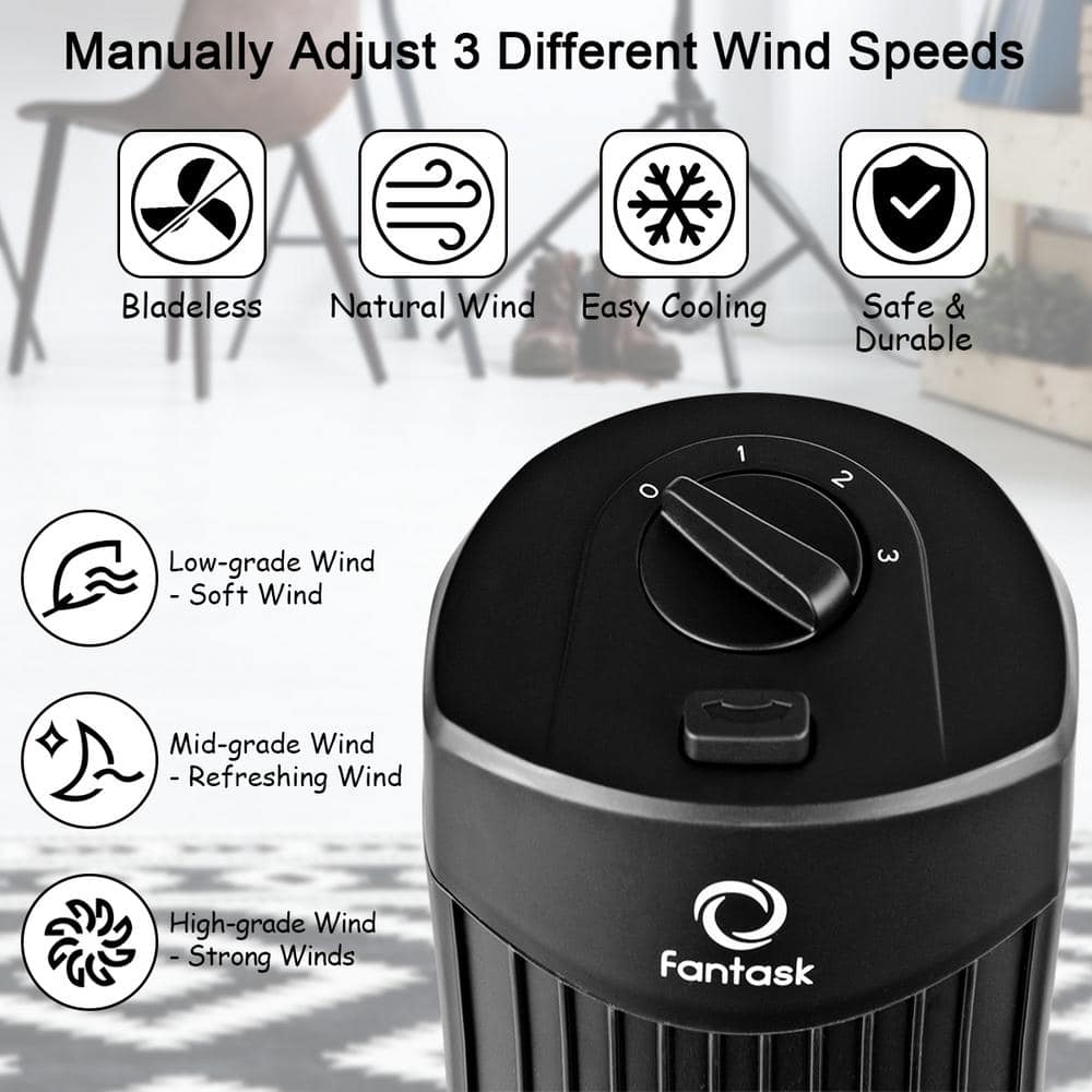 Black 28" Oscillating Bladeless Tower Fan with Three Speeds