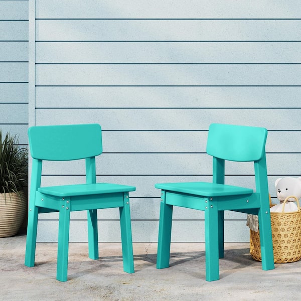 Modern Mini Children's Outdoor Patio All Weather HDPE Plastic Dining Chair for Kids (Set of 2), Turquoise